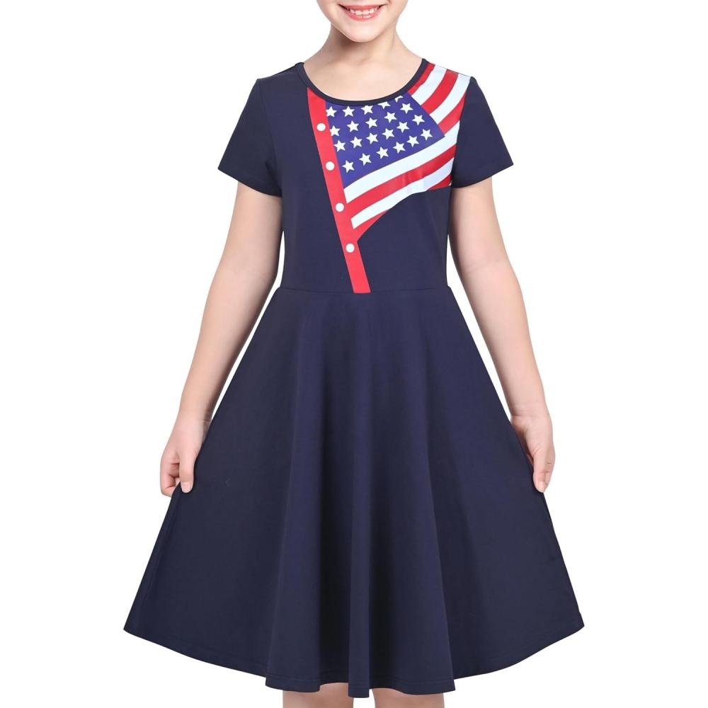 imageSunny Fashion Girls Dress Colorful Striped Knitted Cotton Stretch SchoolBlue American Flag
