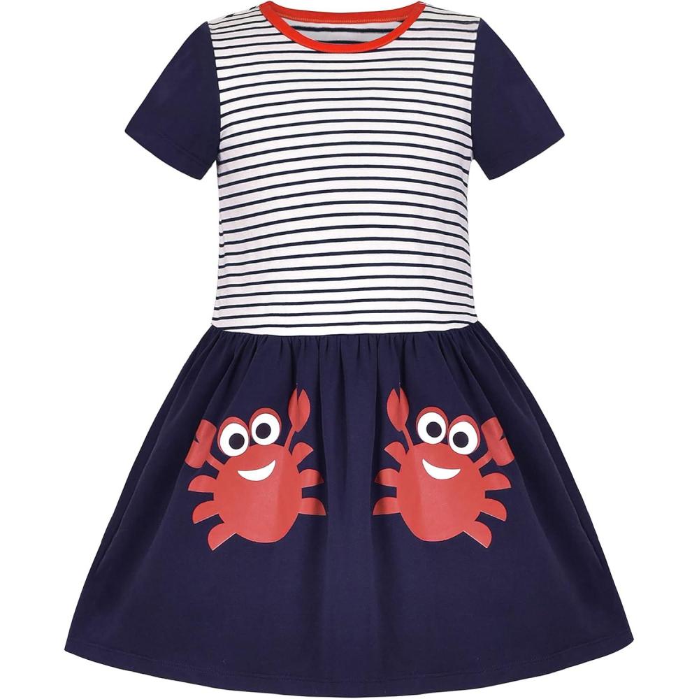 imageSunny Fashion Girls Dress Colorful Striped Knitted Cotton Stretch SchoolBlue Crabs