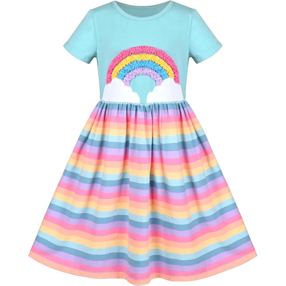 imageSunny Fashion Girls Dress Colorful Striped Knitted Cotton Stretch SchoolBlue Rainbow
