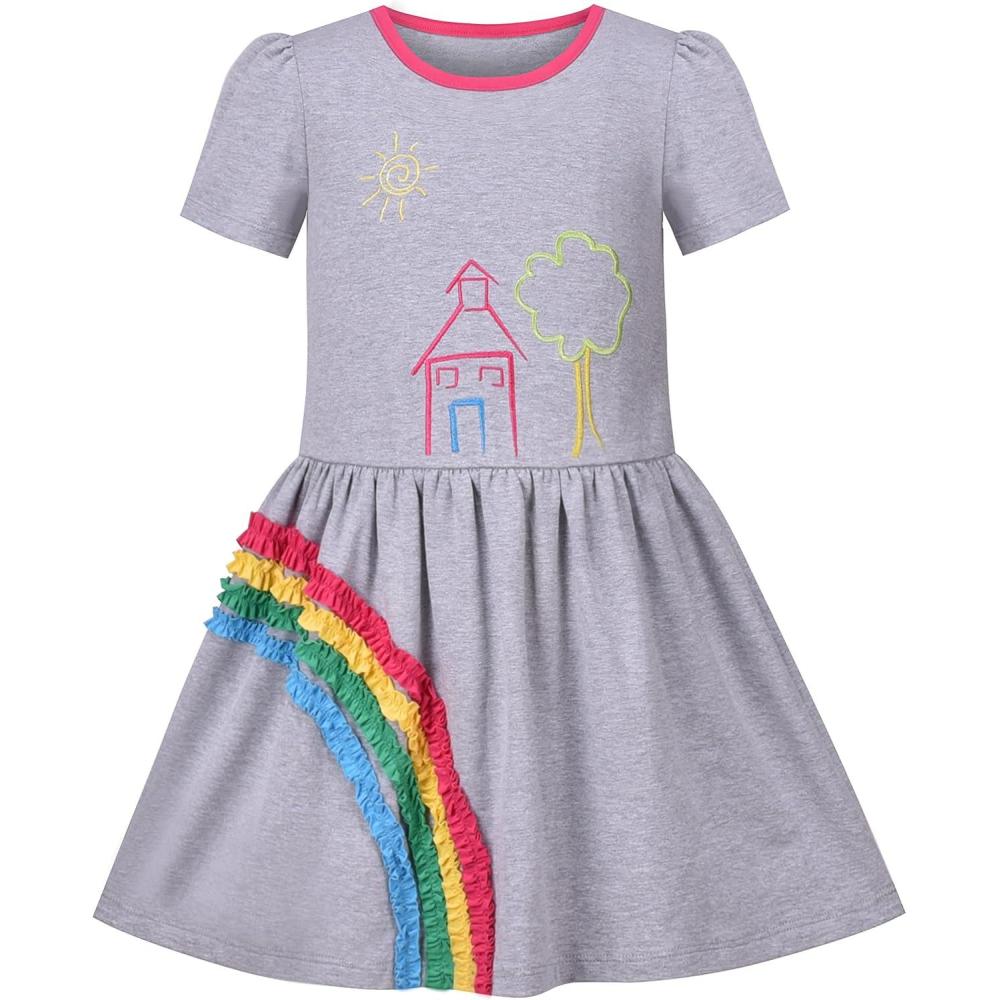 imageSunny Fashion Girls Dress Colorful Striped Knitted Cotton Stretch SchoolGray