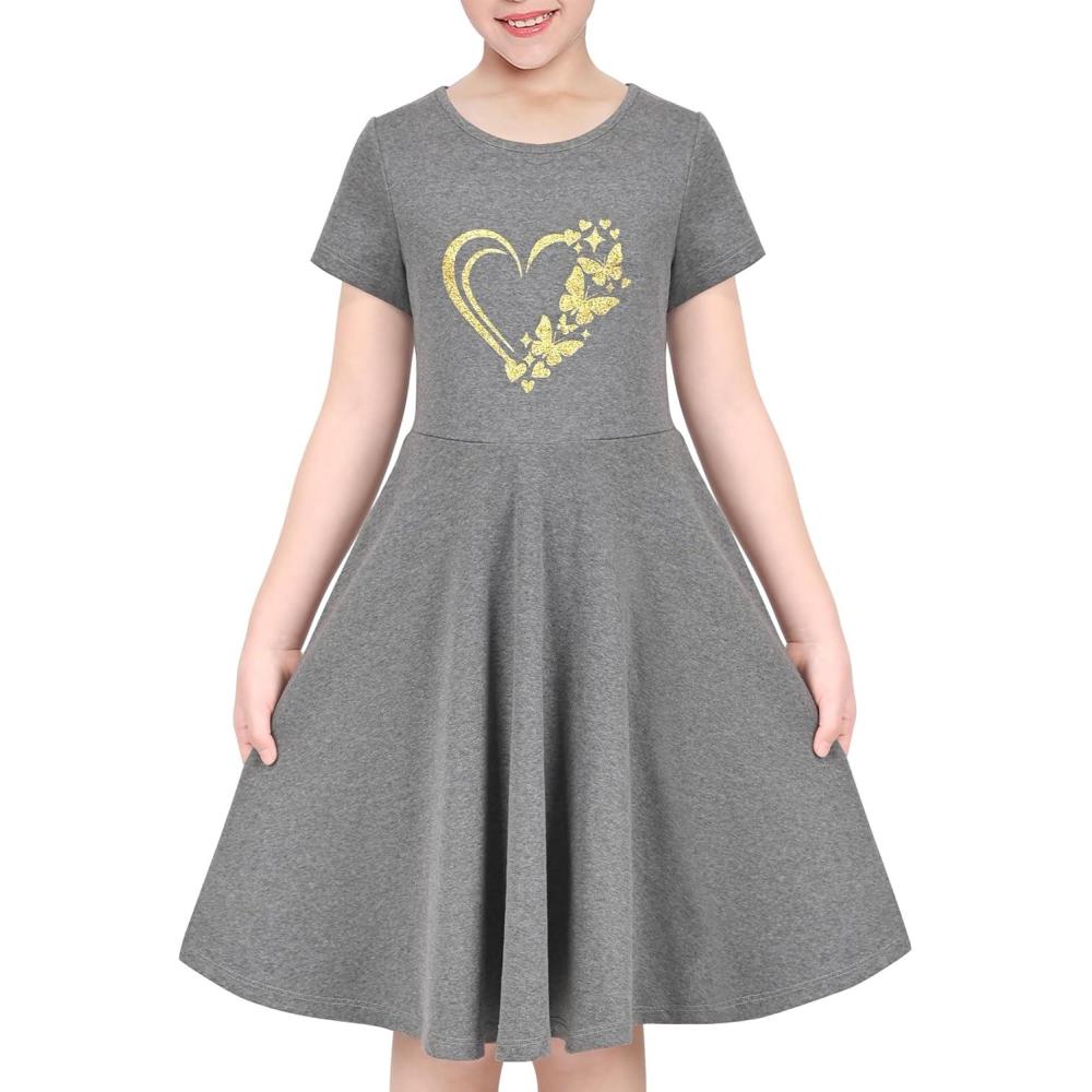 imageSunny Fashion Girls Dress Colorful Striped Knitted Cotton Stretch SchoolGray Gold Heart