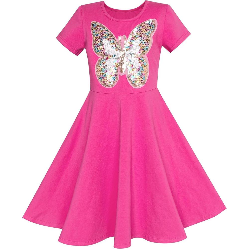 imageSunny Fashion Girls Dress Colorful Striped Knitted Cotton Stretch SchoolPink Short Sleeve