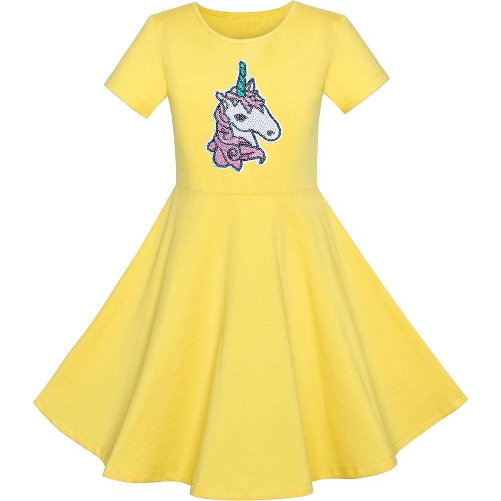 imageSunny Fashion Girls Dress Colorful Striped Knitted Cotton Stretch SchoolYellow Unicorn