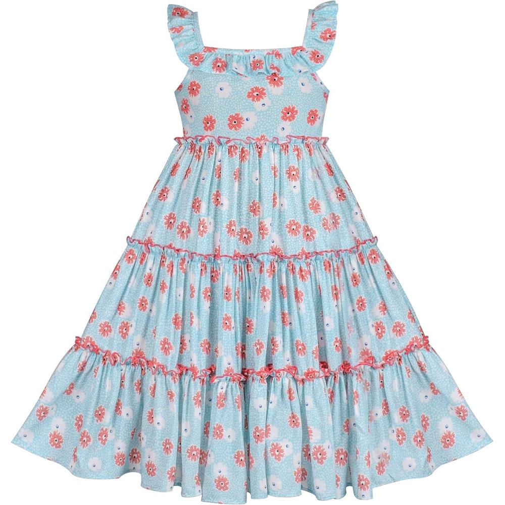 imageSunny Fashion Girls Dress Cotton Flower Square Collar A Line Ruffle FlareBlue Flower