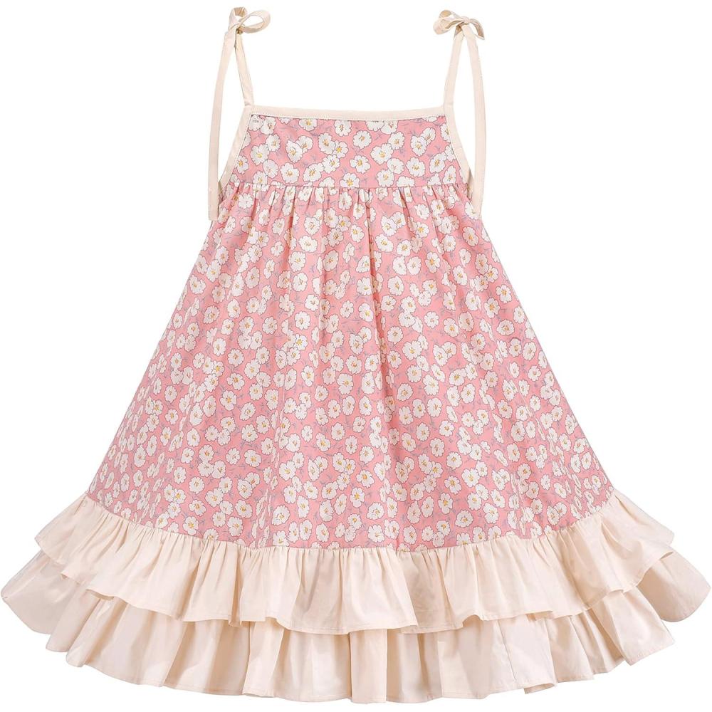imageSunny Fashion Girls Dress Cotton Flower Square Collar A Line Ruffle FlarePink Beige Flower