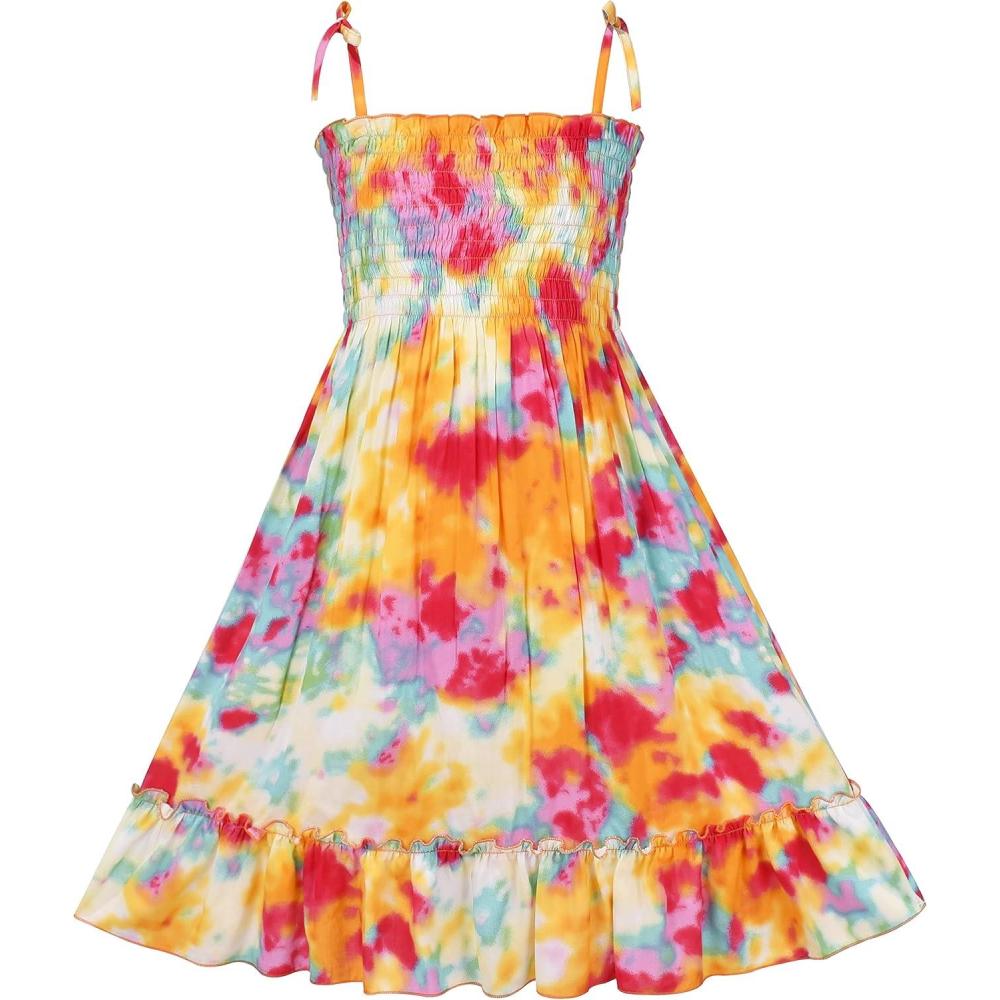 imageSunny Fashion Girls Dress Cotton Flower Square Collar A Line Ruffle FlareYellow Blue