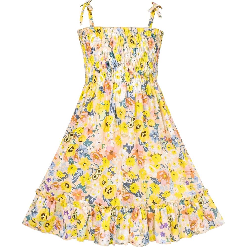 imageSunny Fashion Girls Dress Cotton Flower Square Collar A Line Ruffle FlareYellow Blue Flower