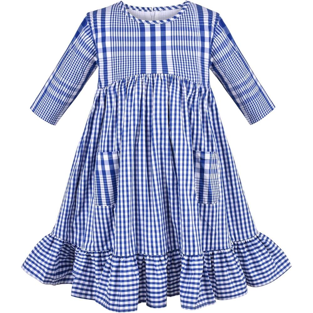imageSunny Fashion Girls Dress Denim Short Sleeve School Uniform Size 512Blue Plaid