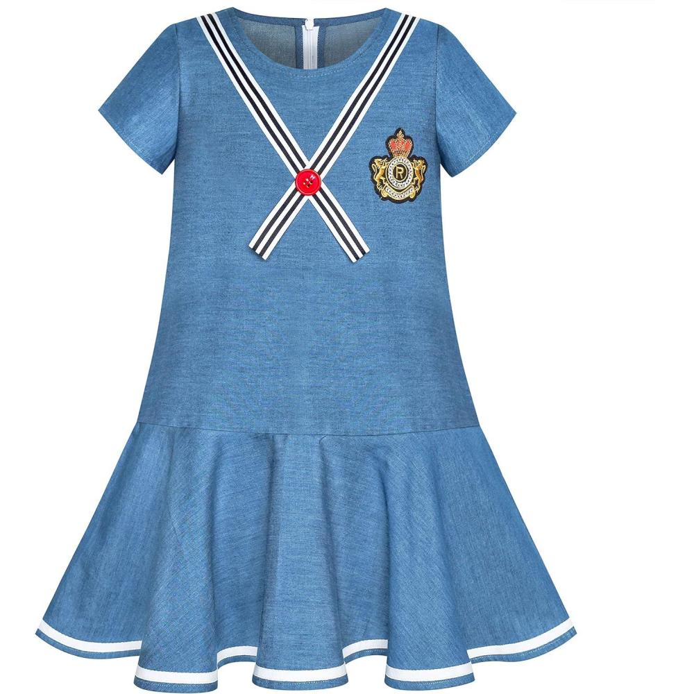 imageSunny Fashion Girls Dress Denim Short Sleeve School Uniform Size 512Denim Blue
