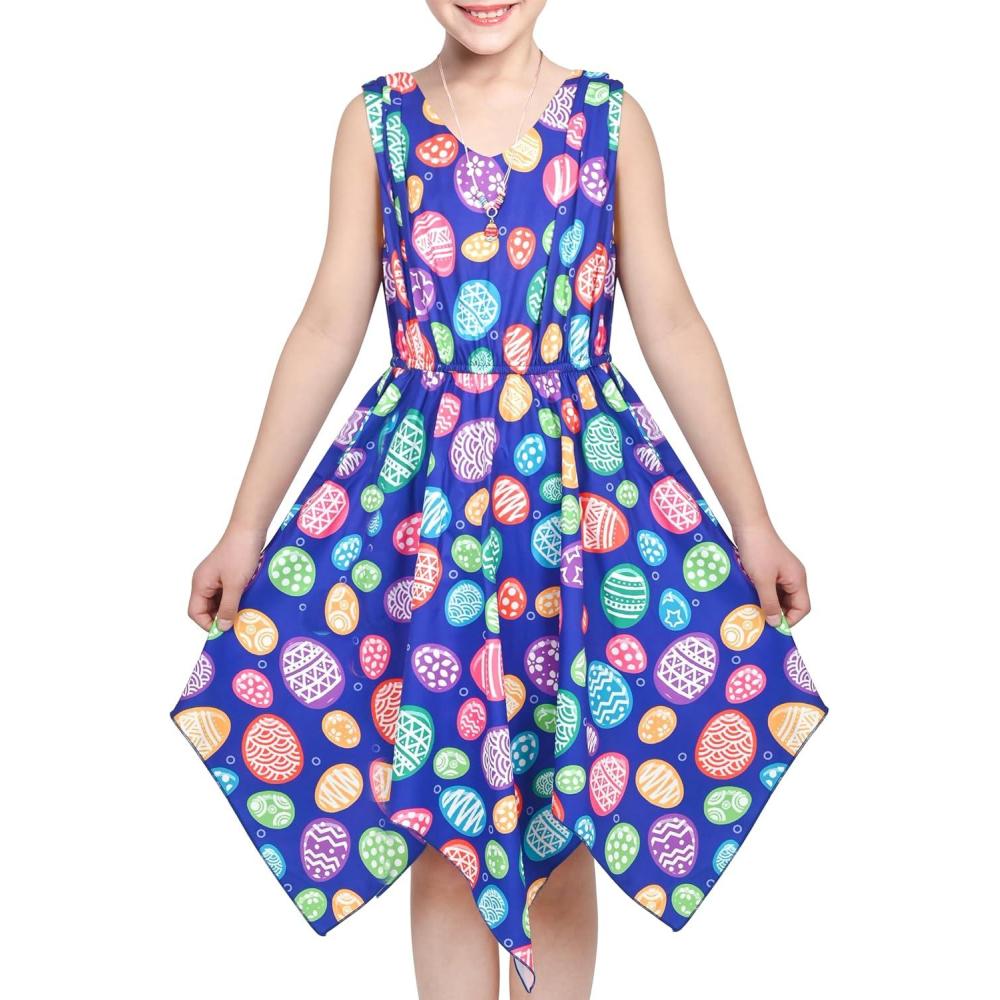 imageSunny Fashion Girls Dress Flower Print Hanky Hem Princess Size 714Blue Easter Eggs