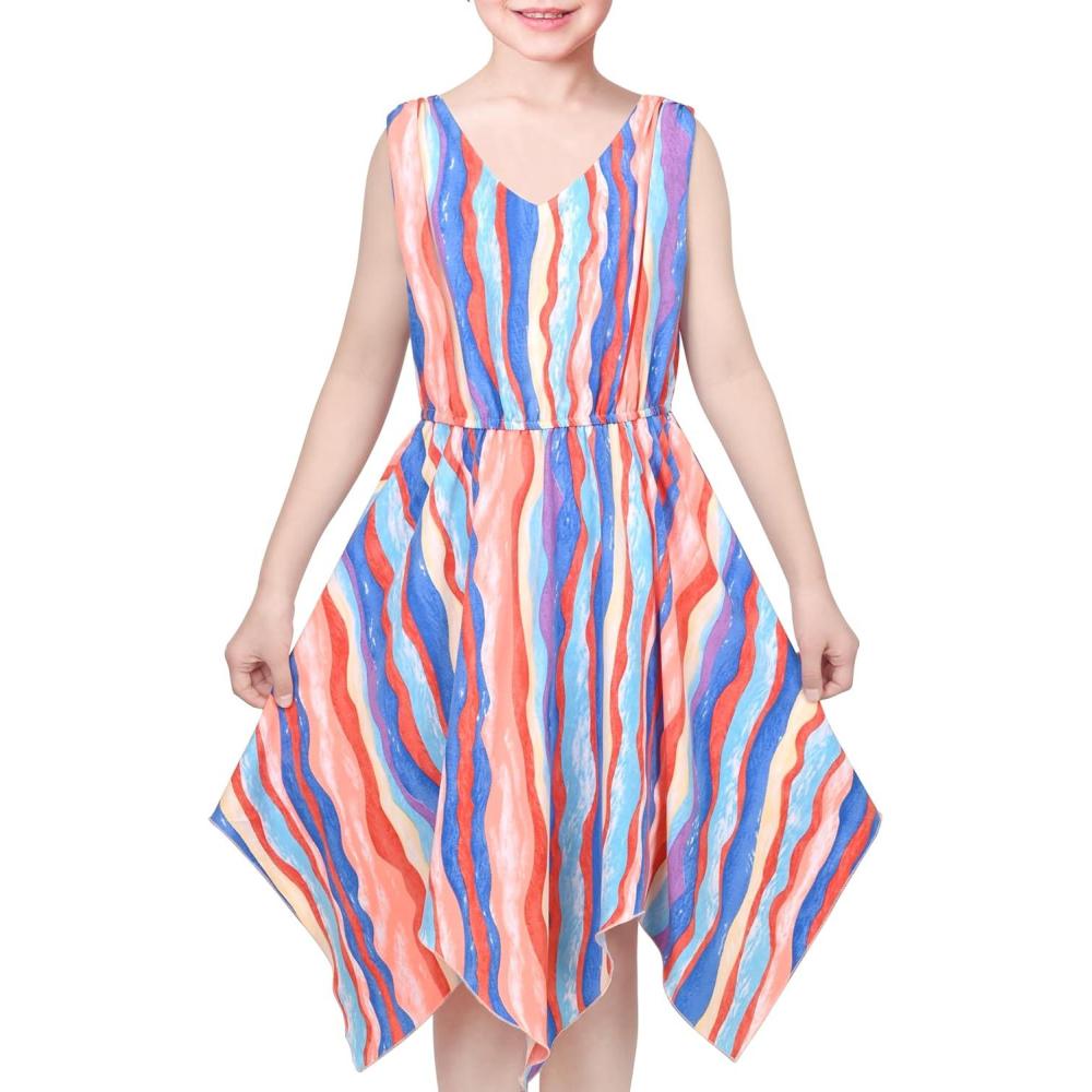 imageSunny Fashion Girls Dress Flower Print Hanky Hem Princess Size 714Blue Orange