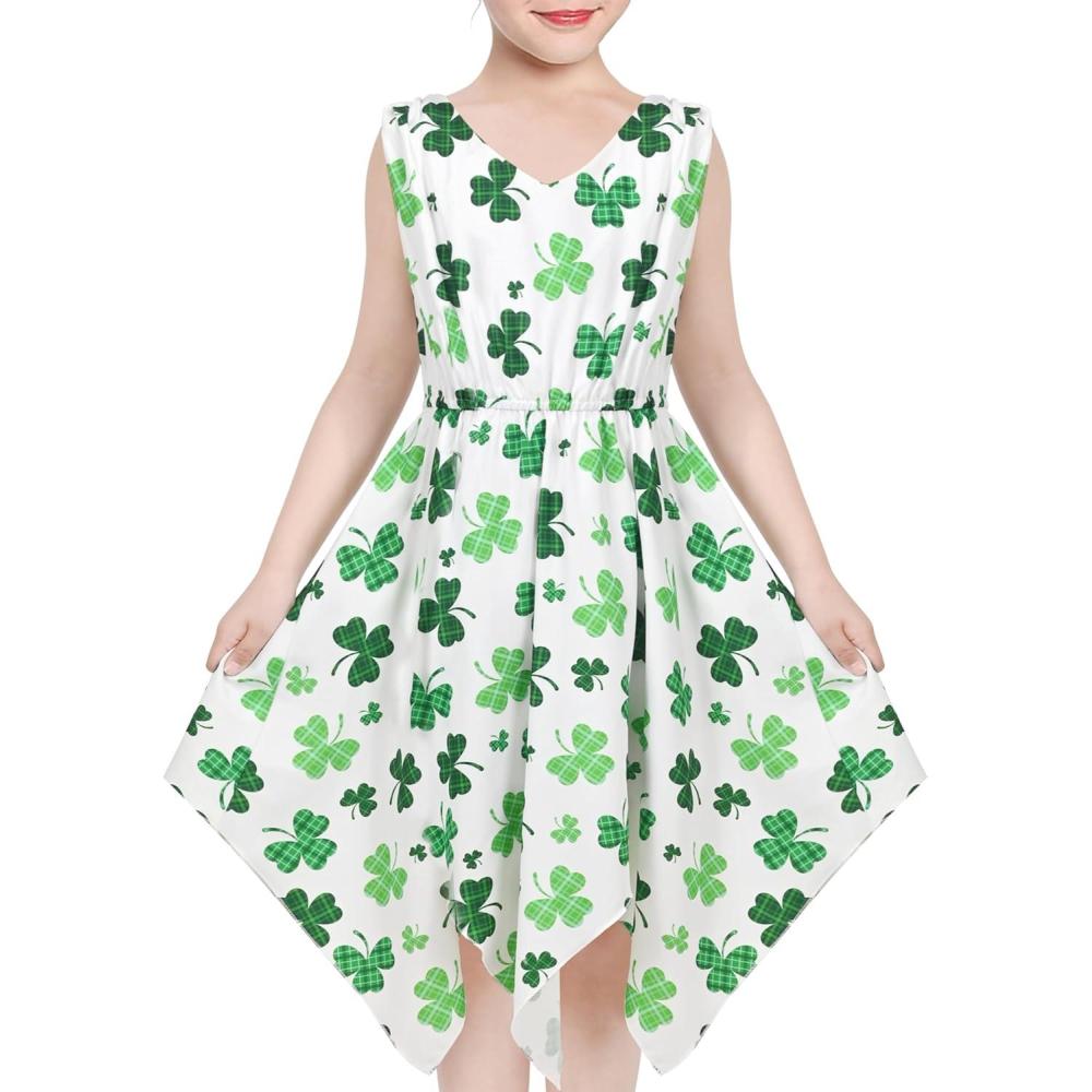 imageSunny Fashion Girls Dress Flower Print Hanky Hem Princess Size 714Green Leaf
