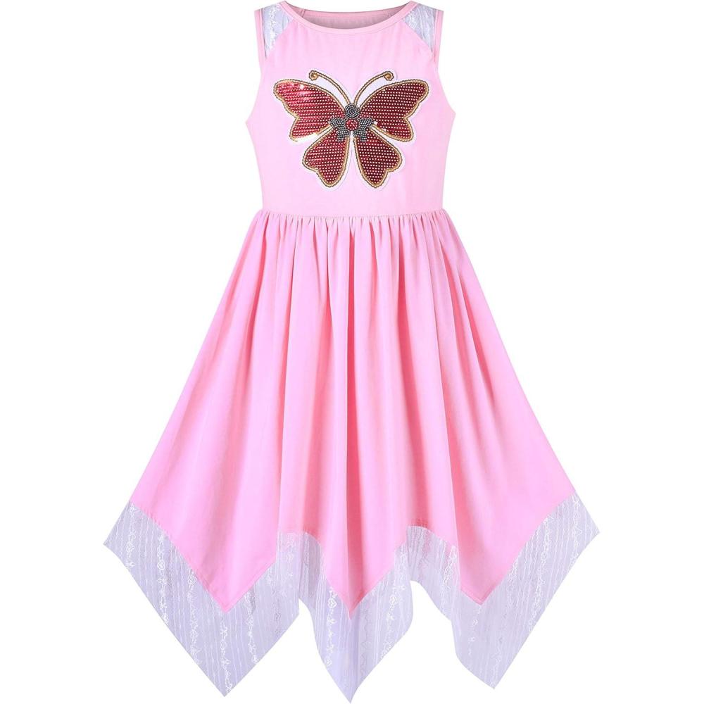 imageSunny Fashion Girls Dress Flower Print Hanky Hem Princess Size 714Pink Butterfly