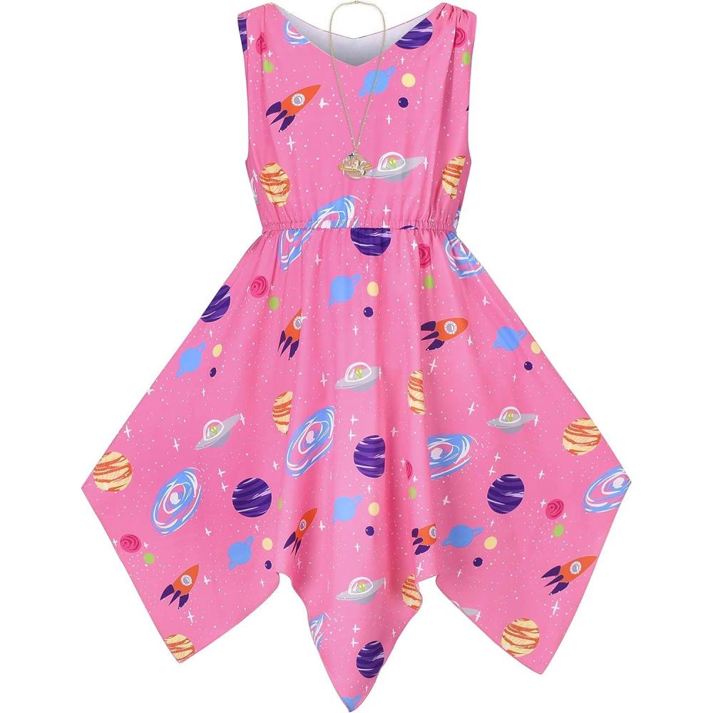 imageSunny Fashion Girls Dress Flower Print Hanky Hem Princess Size 714Pink Cosmos