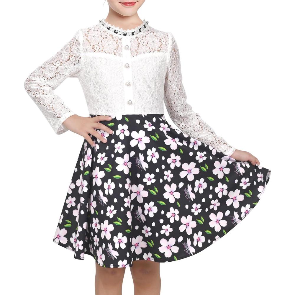 imageSunny Fashion Girls Dress Green Floral Lace St Patrick Clover Party Long SleeveBlack Flower