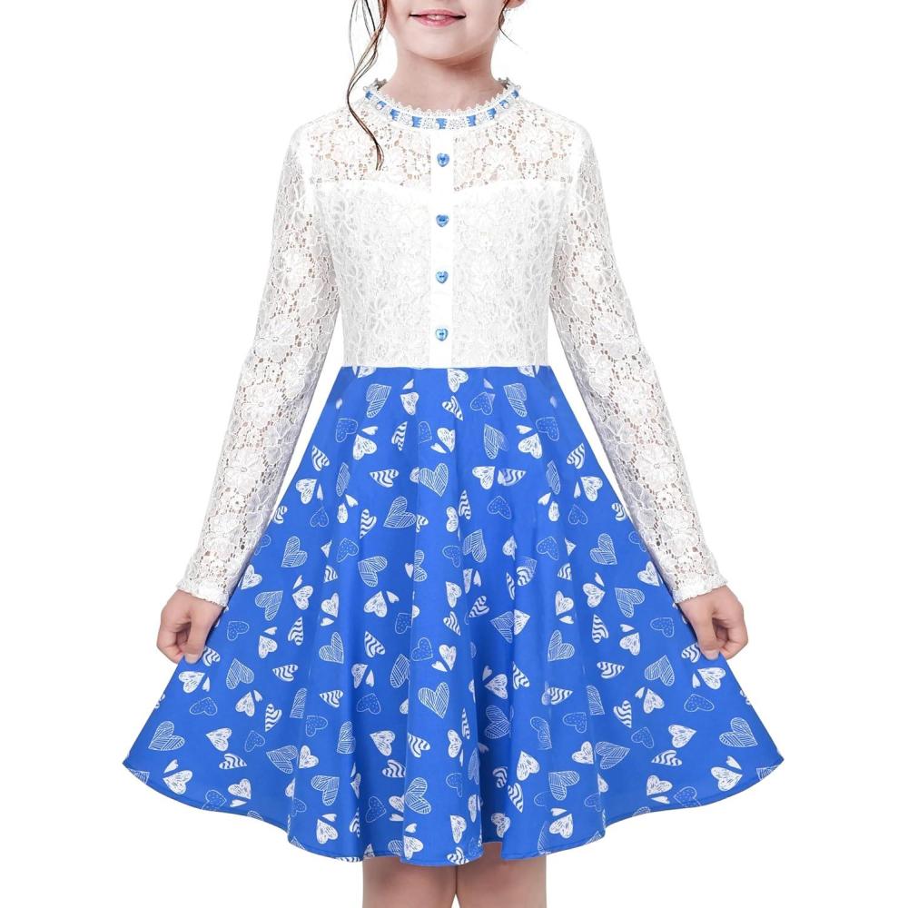 imageSunny Fashion Girls Dress Green Floral Lace St Patrick Clover Party Long SleeveBlue Heart