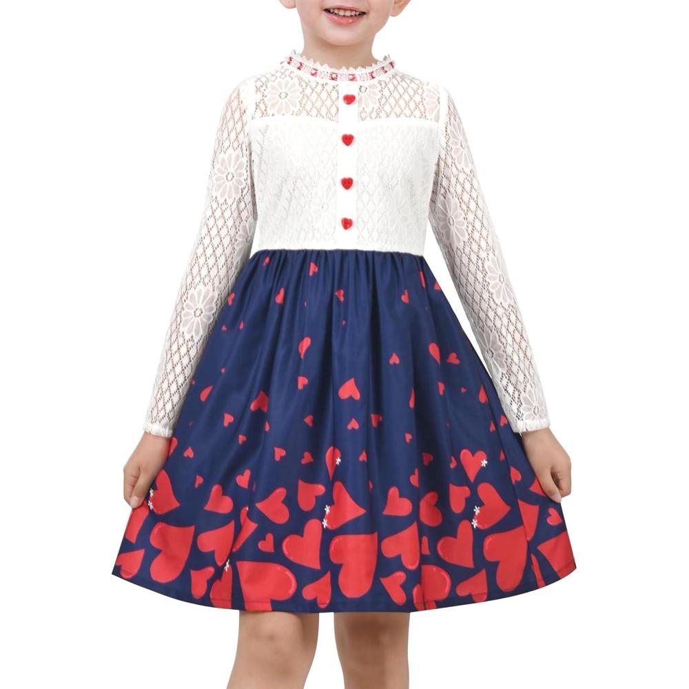 imageSunny Fashion Girls Dress Green Floral Lace St Patrick Clover Party Long SleeveBlue Red Heart