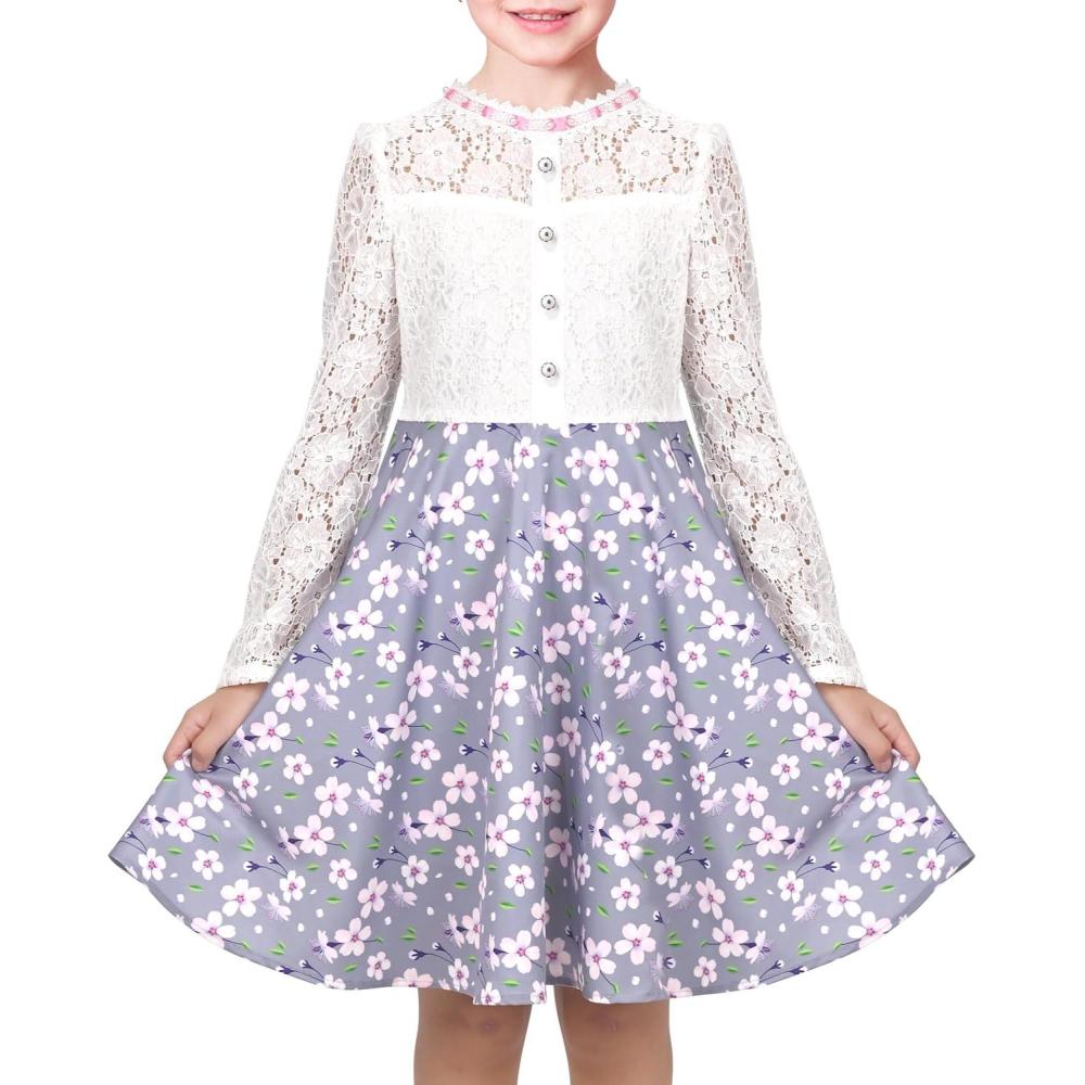 imageSunny Fashion Girls Dress Green Floral Lace St Patrick Clover Party Long SleeveGray