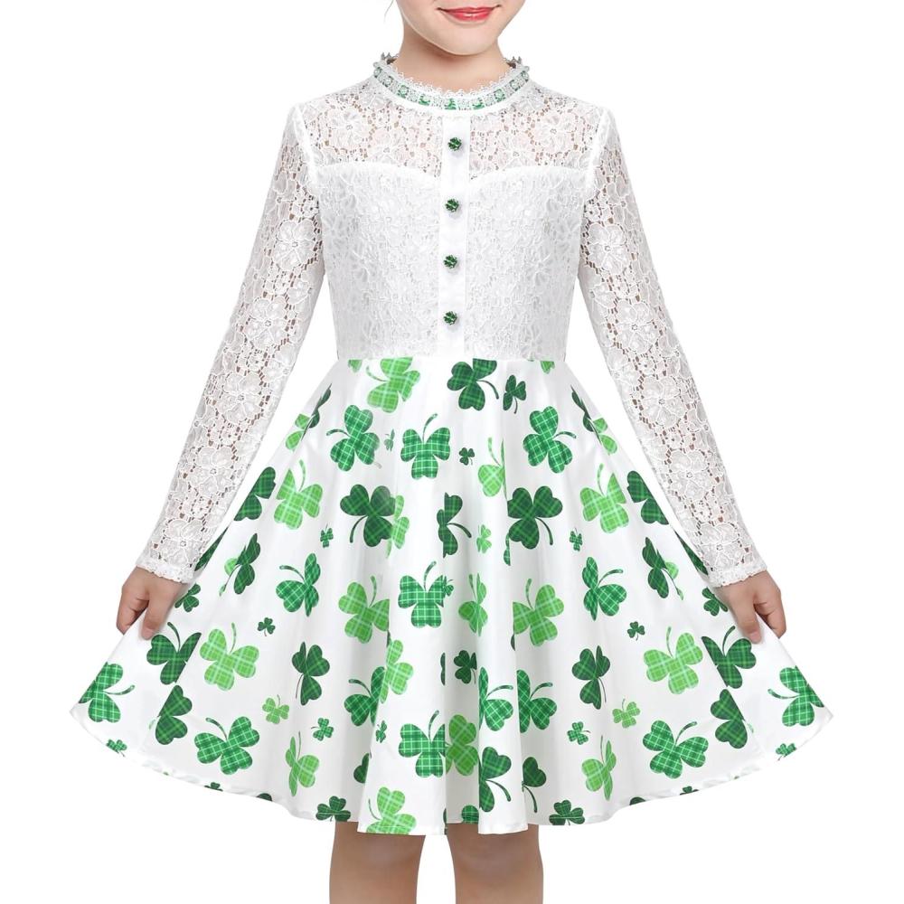 imageSunny Fashion Girls Dress Green Floral Lace St Patrick Clover Party Long SleeveGreen Leaf