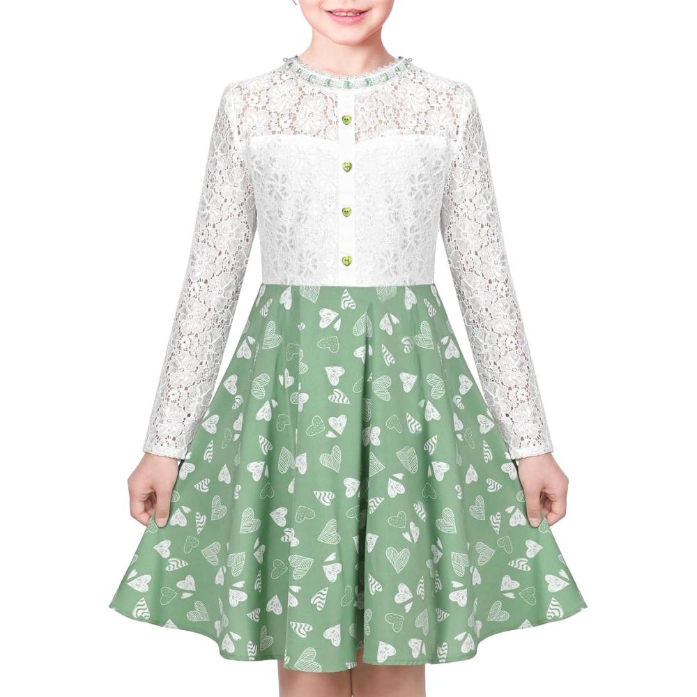 imageSunny Fashion Girls Dress Green Floral Lace St Patrick Clover Party Long SleevePale Green