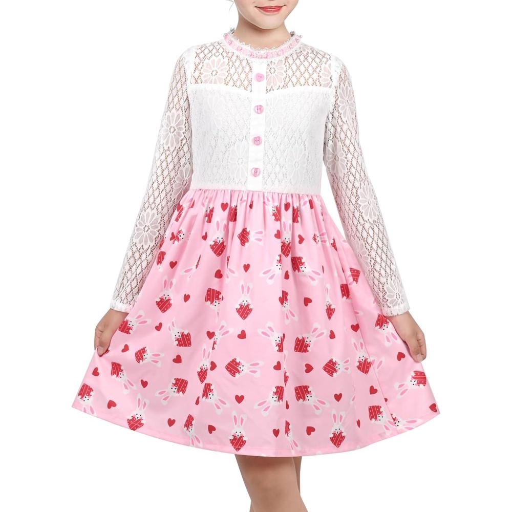 imageSunny Fashion Girls Dress Green Floral Lace St Patrick Clover Party Long SleevePink Heart