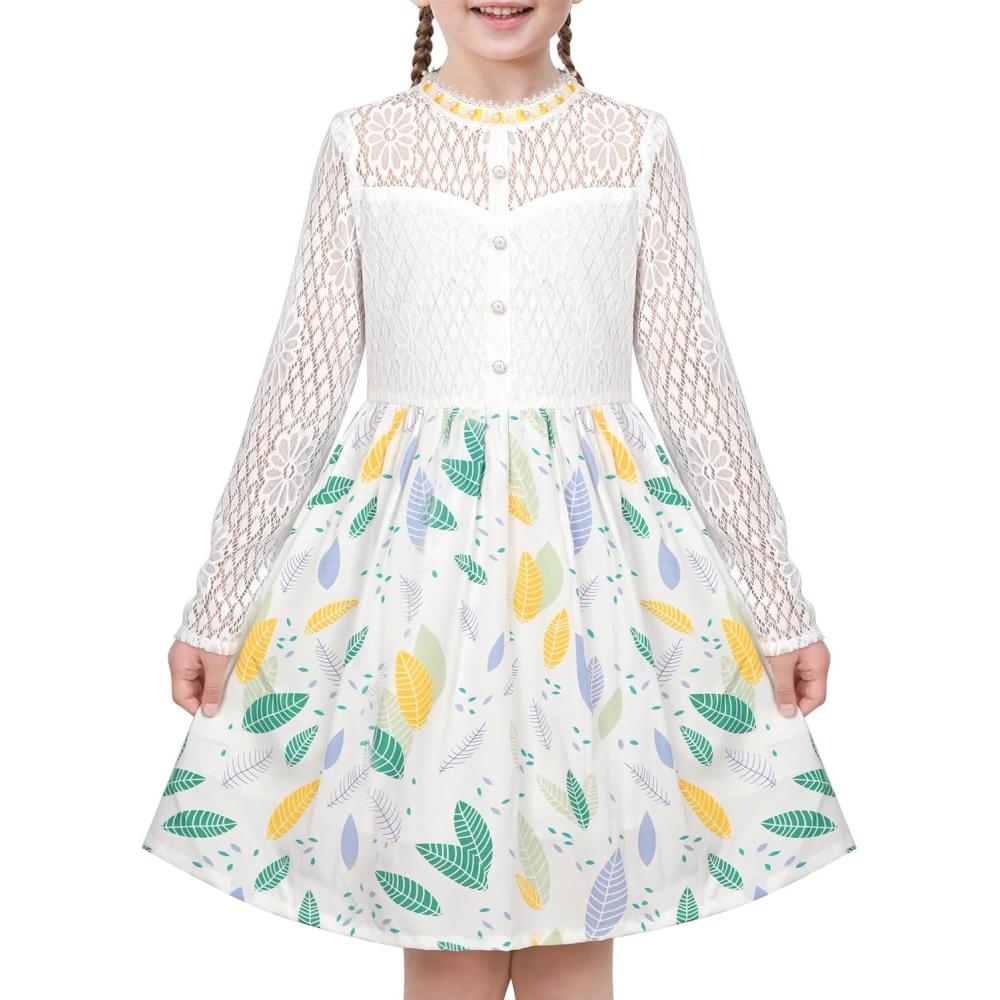 imageSunny Fashion Girls Dress Green Floral Lace St Patrick Clover Party Long SleeveWhite