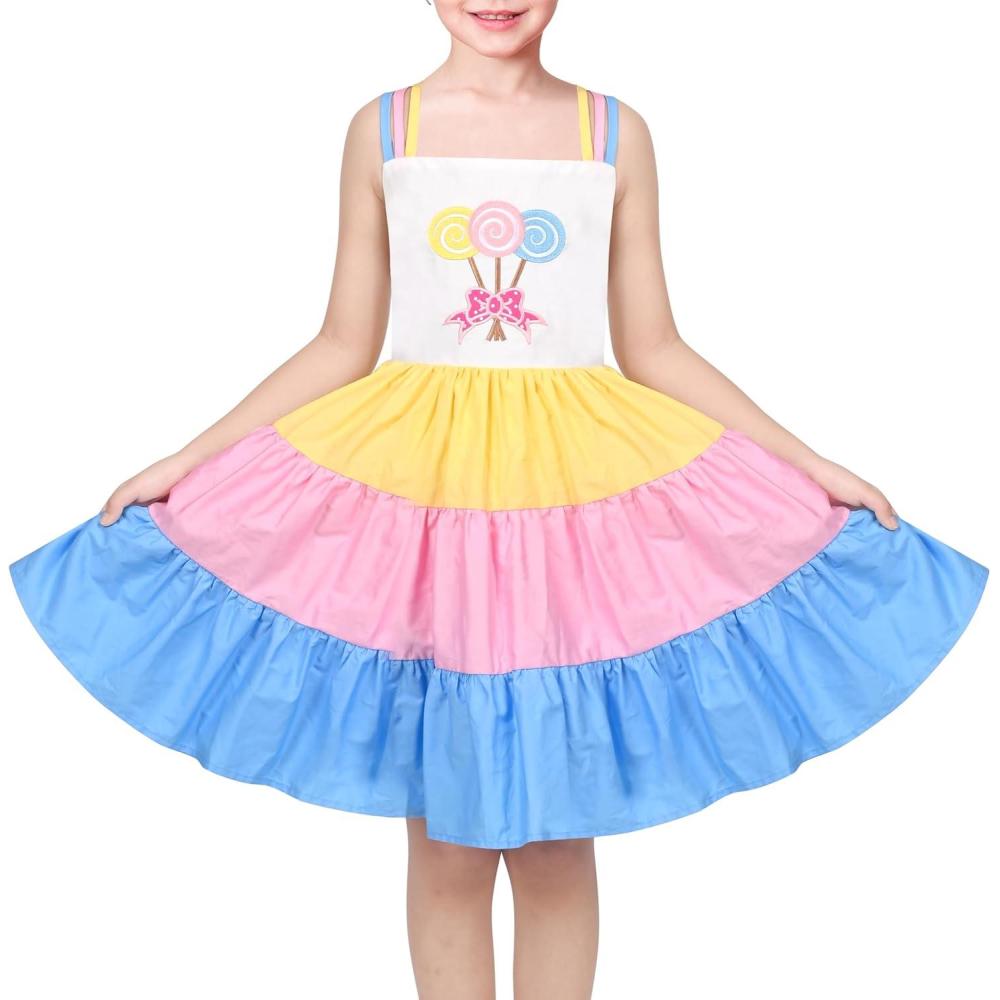 imageSunny Fashion Girls Dress Ice Cream Rainbow Striped Suspender SleevelessBlue Lollipop