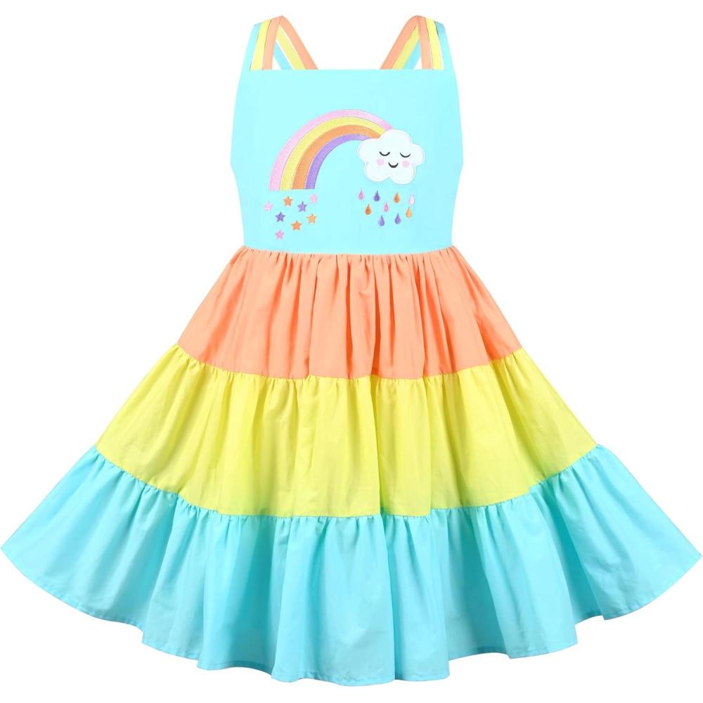 imageSunny Fashion Girls Dress Ice Cream Rainbow Striped Suspender SleevelessBlue Rainbow