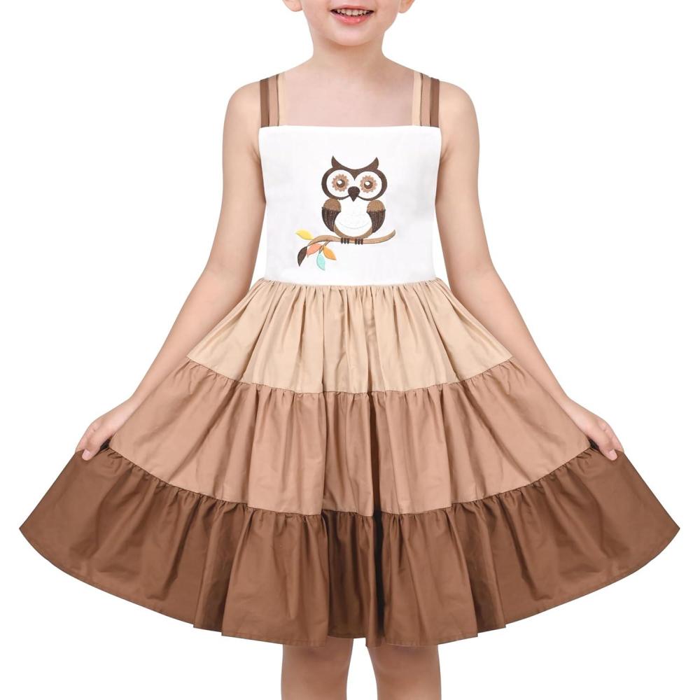 imageSunny Fashion Girls Dress Ice Cream Rainbow Striped Suspender SleevelessBrown Owl
