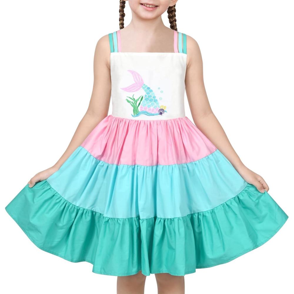 imageSunny Fashion Girls Dress Ice Cream Rainbow Striped Suspender SleevelessGreen Mermaid