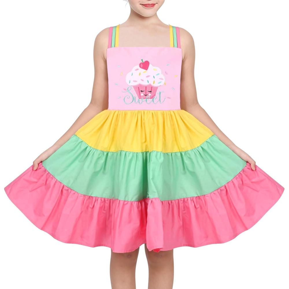 imageSunny Fashion Girls Dress Ice Cream Rainbow Striped Suspender SleevelessPink