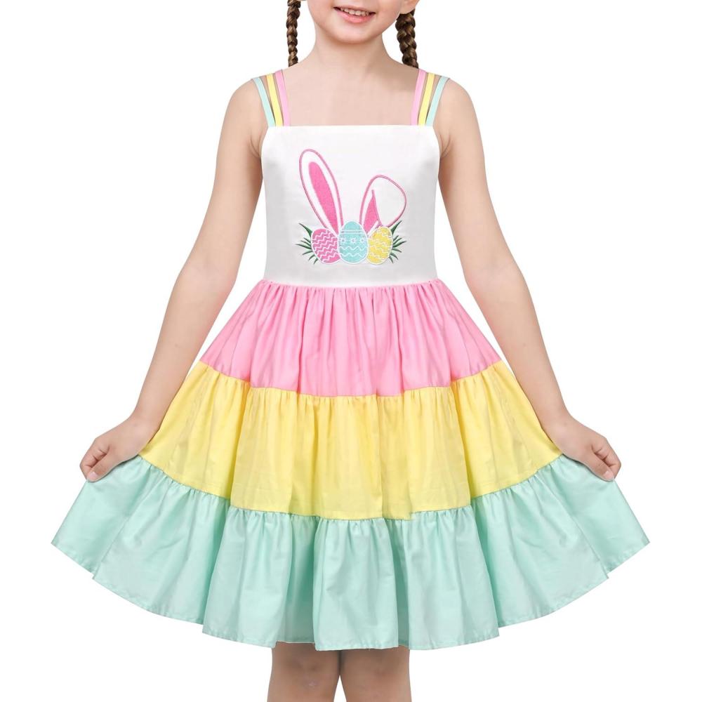 imageSunny Fashion Girls Dress Ice Cream Rainbow Striped Suspender SleevelessRainbow Bunny