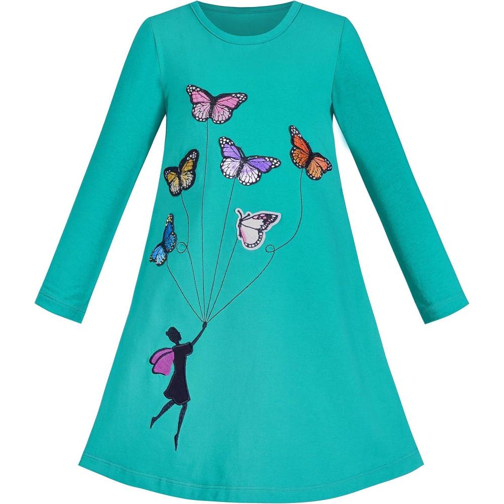 imageSunny Fashion Girls Dress Long Sleeve Butterfly Color Contrast Casual WearingBlue Butterfly