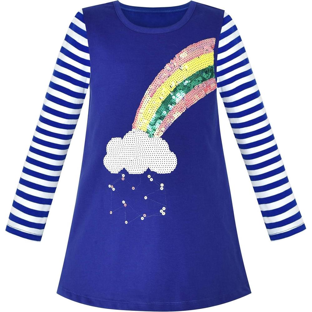 imageSunny Fashion Girls Dress Long Sleeve Butterfly Color Contrast Casual WearingBlue Rainbow