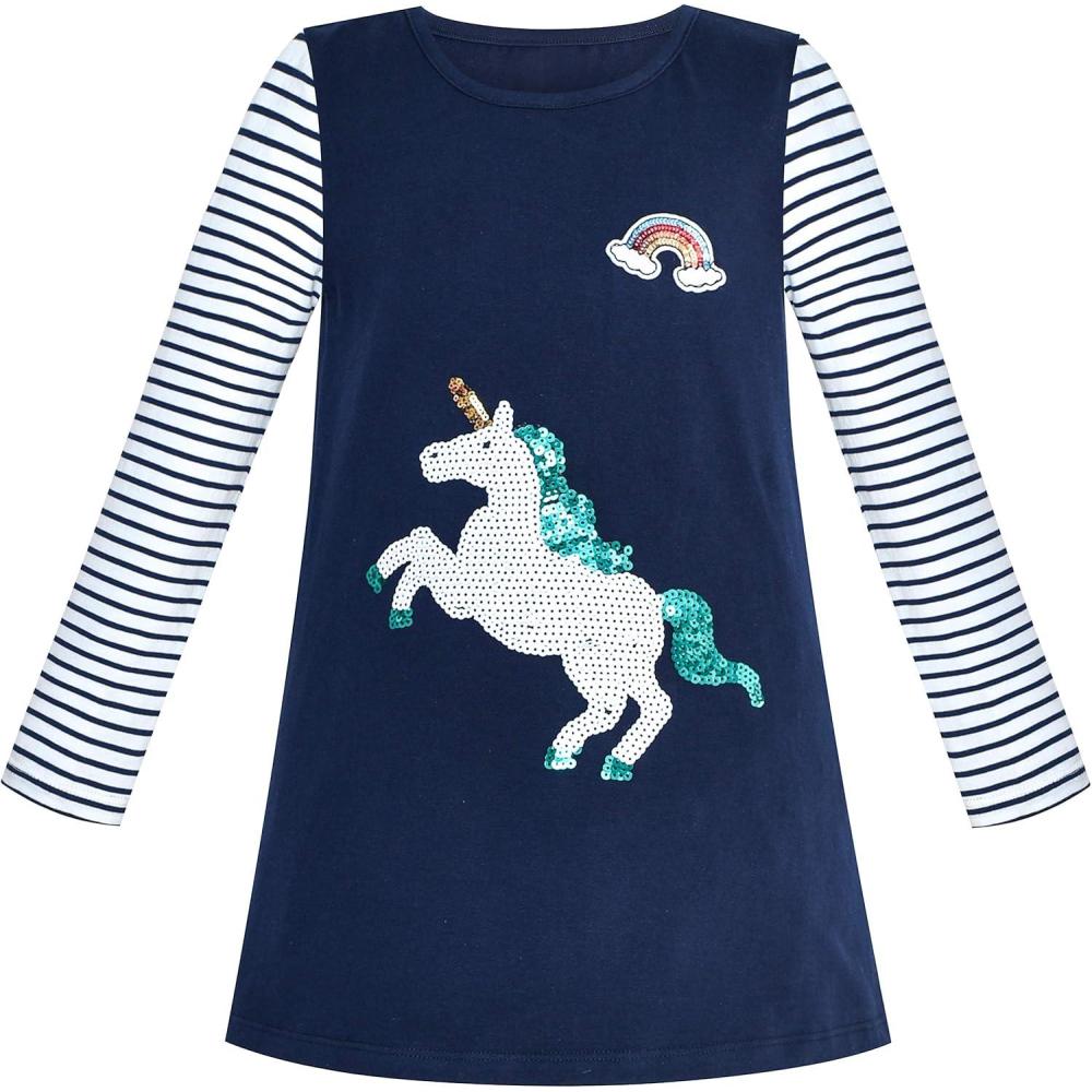 imageSunny Fashion Girls Dress Long Sleeve Butterfly Color Contrast Casual WearingDark Blue Unicorn