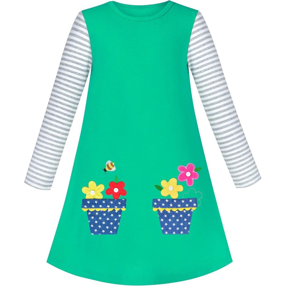 imageSunny Fashion Girls Dress Long Sleeve Butterfly Color Contrast Casual WearingGreen