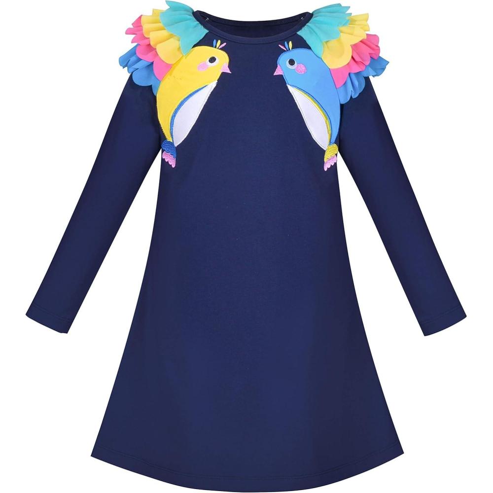 imageSunny Fashion Girls Dress Long Sleeve Butterfly Color Contrast Casual WearingNavy Blue Bird