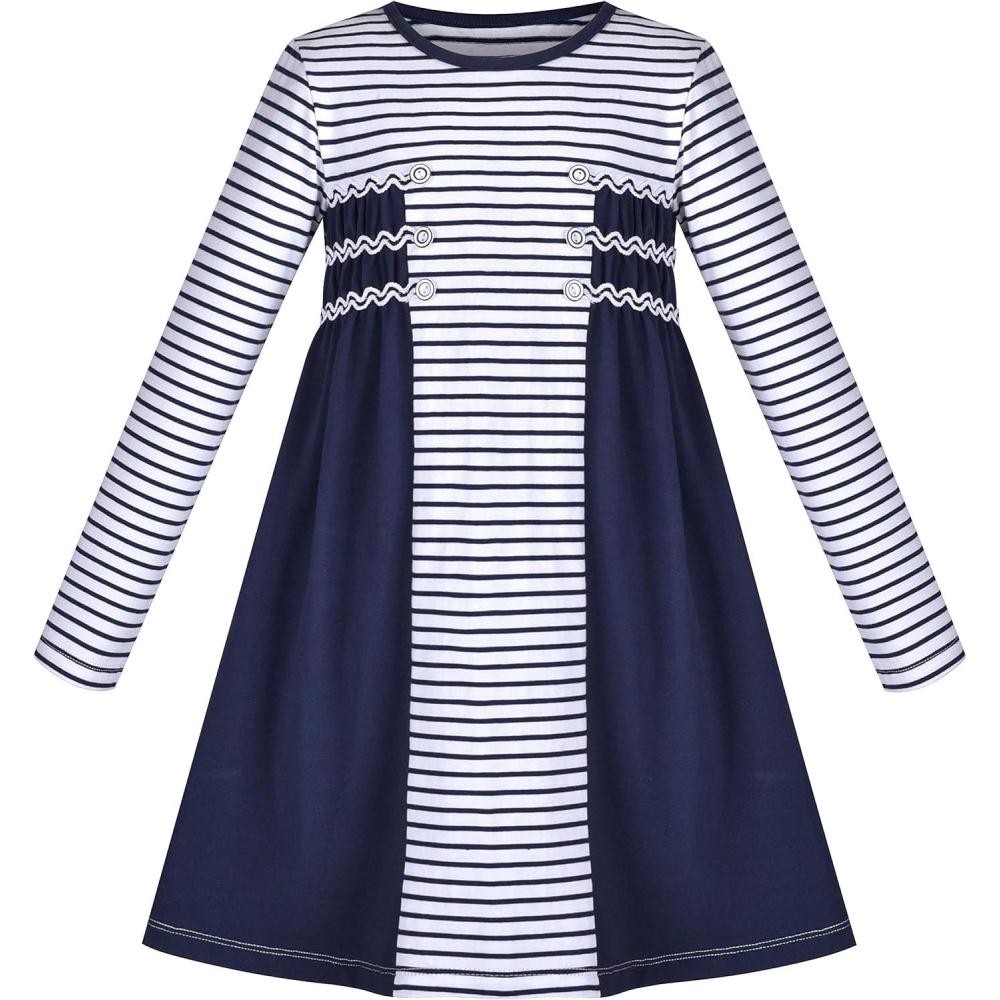 imageSunny Fashion Girls Dress Long Sleeve Butterfly Color Contrast Casual WearingNavy Blue Striped