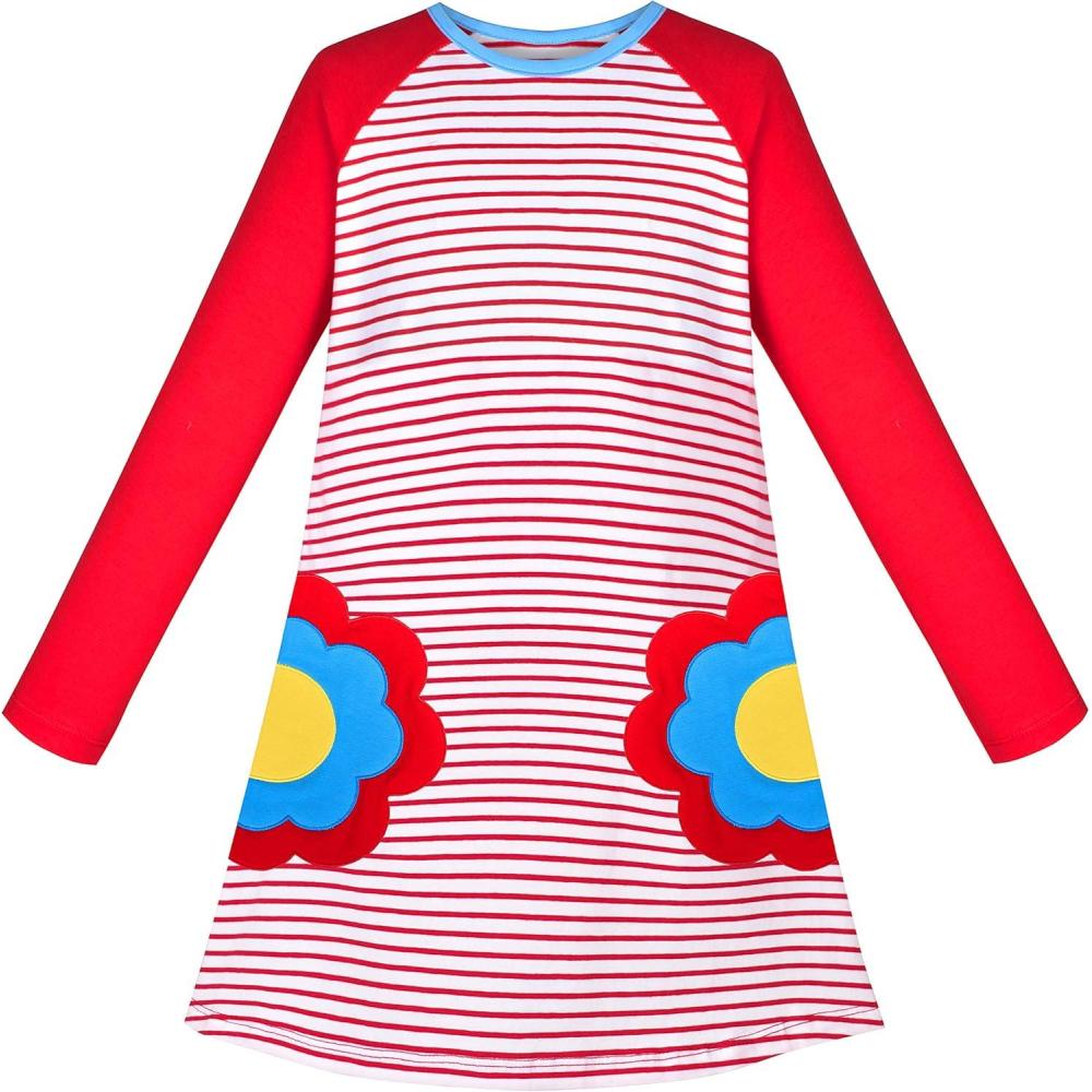 imageSunny Fashion Girls Dress Long Sleeve Butterfly Color Contrast Casual WearingRed Flower Pocket