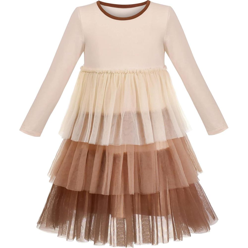 imageSunny Fashion Girls Dress Long Sleeve Christmas Owl Sparkling Sequin TulleBeige