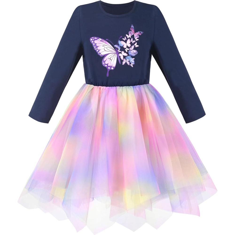 imageSunny Fashion Girls Dress Long Sleeve Christmas Owl Sparkling Sequin TulleBlue Butterfly