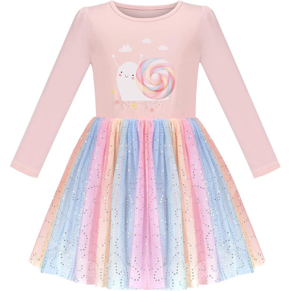 imageSunny Fashion Girls Dress Long Sleeve Christmas Owl Sparkling Sequin TulleRainbow Glitter