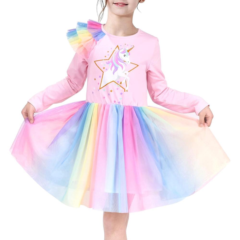 imageSunny Fashion Girls Dress Long Sleeve Christmas Owl Sparkling Sequin TulleRainbow Unicorn