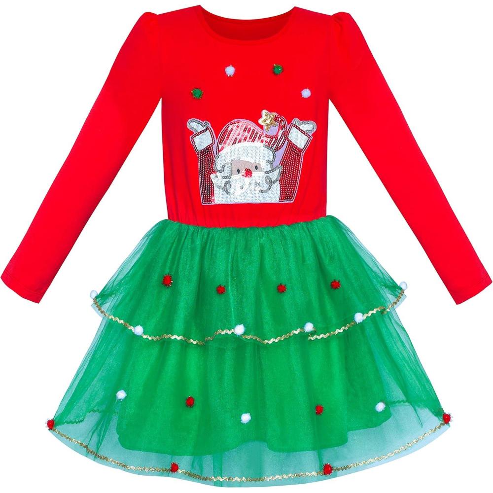 imageSunny Fashion Girls Dress Long Sleeve Christmas Owl Sparkling Sequin TulleRed Green Santa