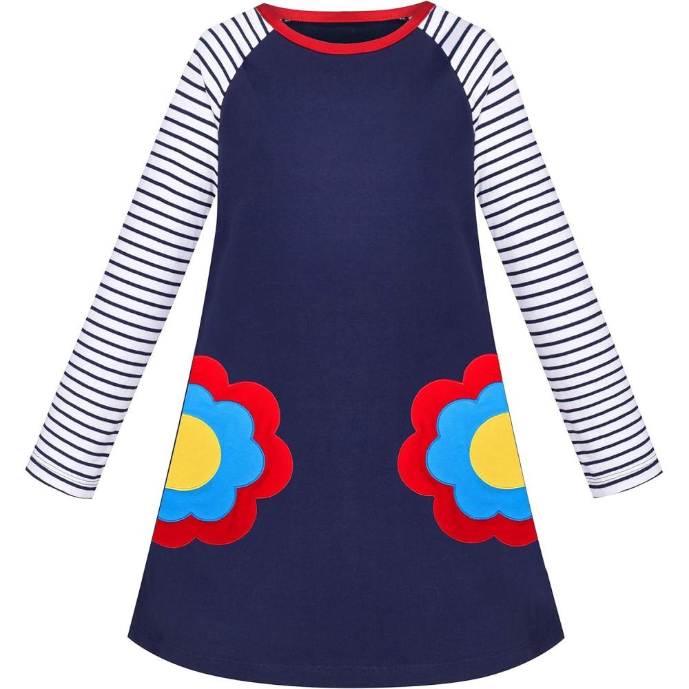 imageSunny Fashion Girls Dress Long Sleeve Christmas Reindeer Snow Holiday PartyBlue Flower Pocket