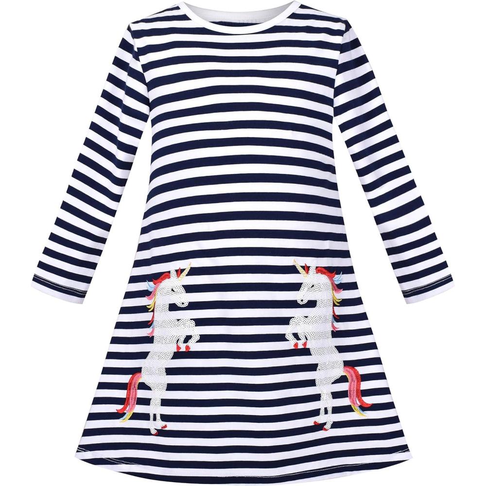 imageSunny Fashion Girls Dress Long Sleeve Christmas Reindeer Snow Holiday PartyBlue Striped Unicorn