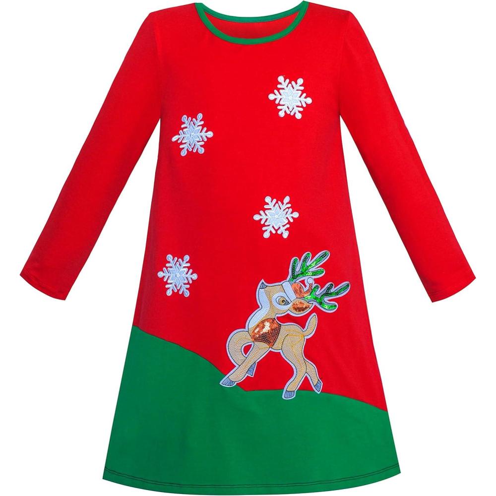 imageSunny Fashion Girls Dress Long Sleeve Christmas Reindeer Snow Holiday PartyRed Green