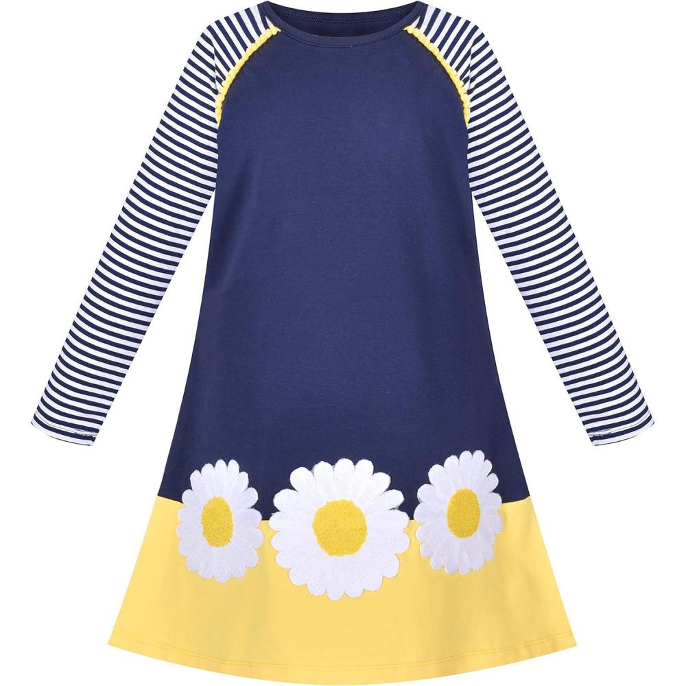 imageSunny Fashion Girls Dress Long Sleeve Daisy Flower Striped Casual CottonBlue Flower