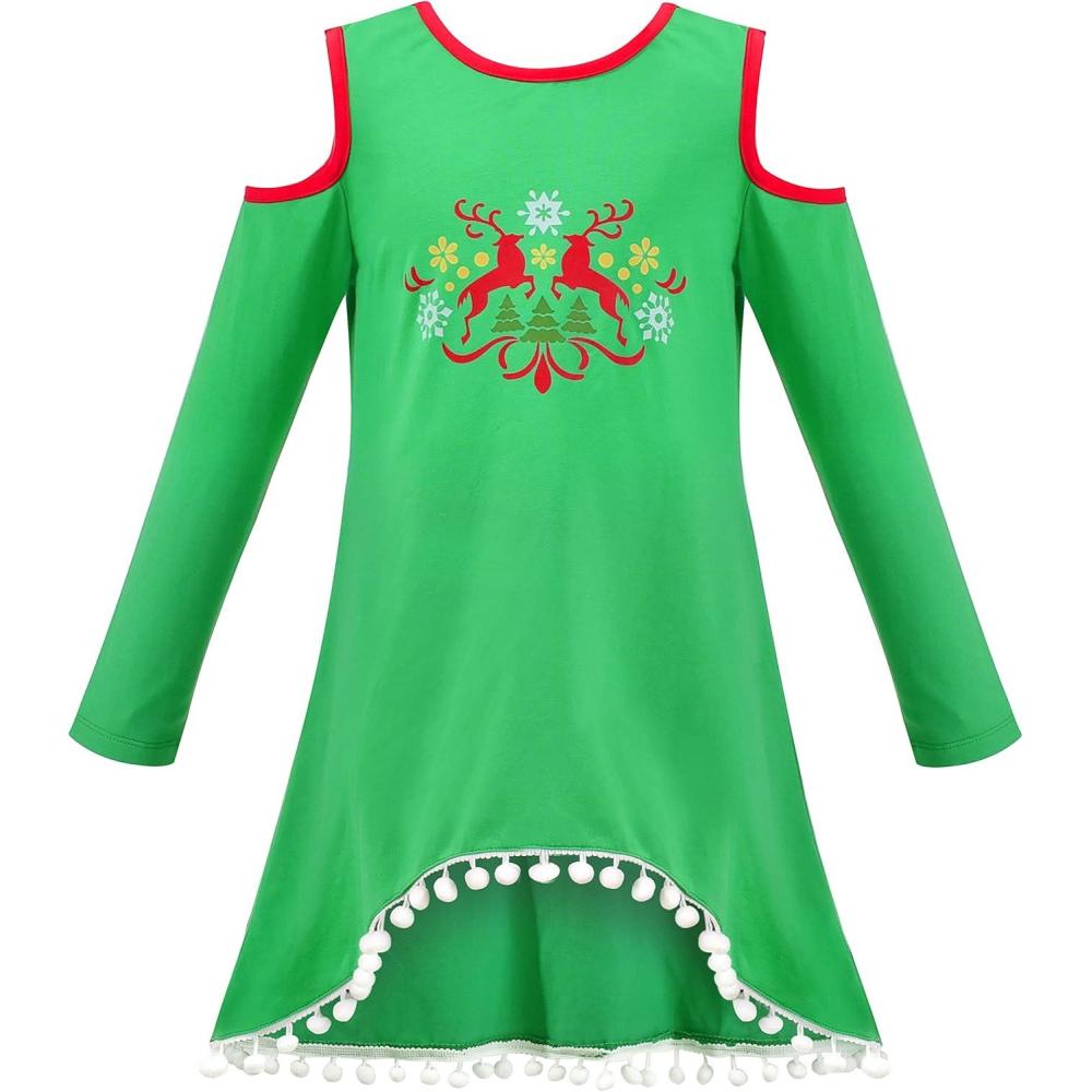 imageSunny Fashion Girls Dress Long Sleeve Daisy Flower Striped Casual CottonGreen