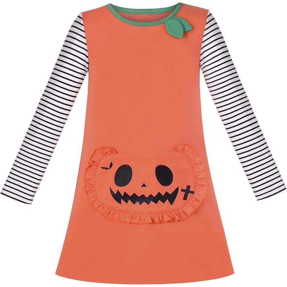 imageSunny Fashion Girls Dress Long Sleeve Daisy Flower Striped Casual CottonOrange Pumpkin